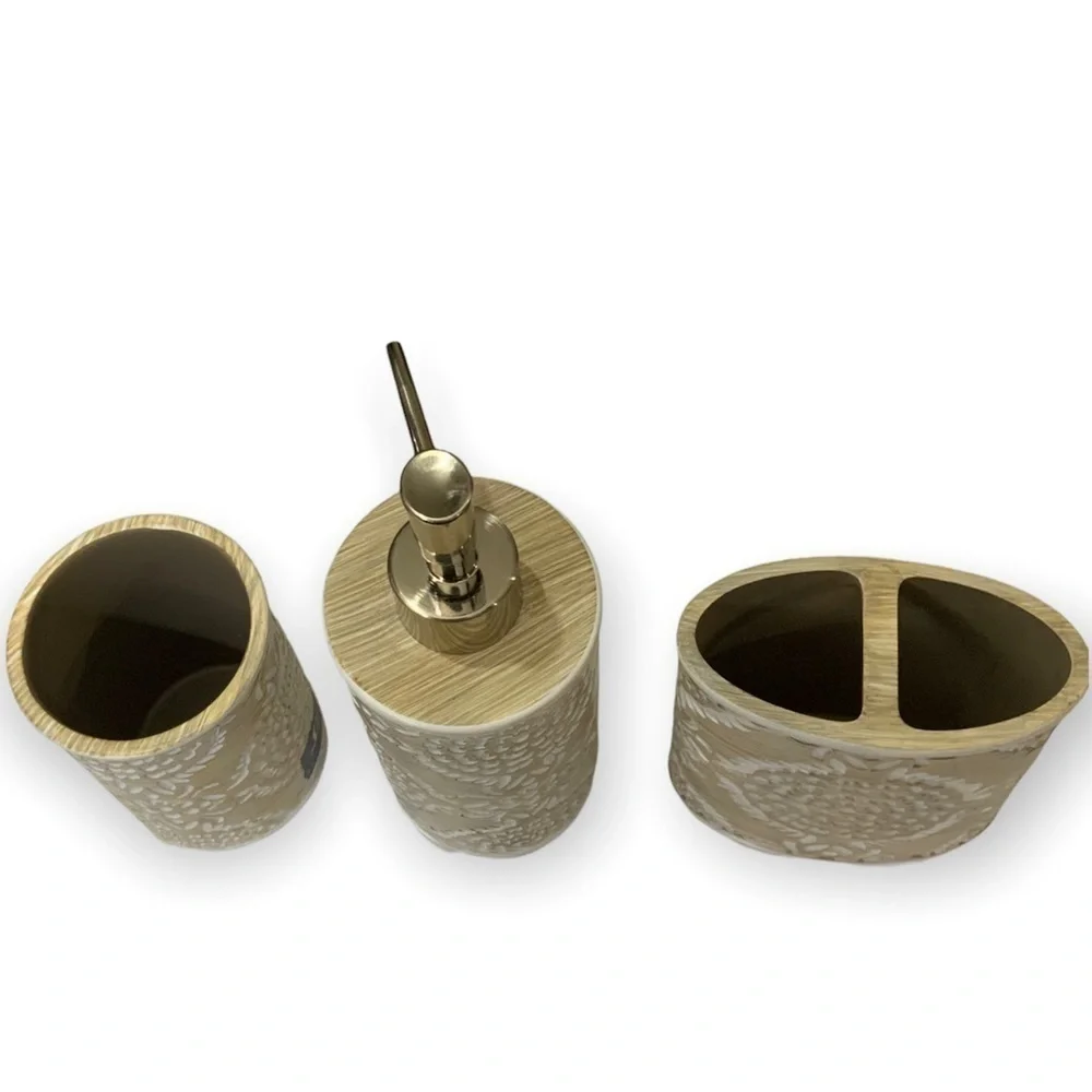 Elite Khaki 3 Piece Bathroom Vanity Accessory Set Tan/Beige White
